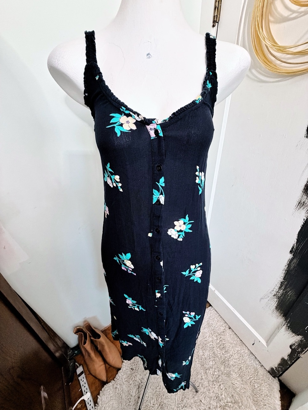 Billabong Black Floral Button Front Midi Dress Ruffle Straps Boho Sundress small